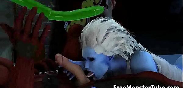  Blue skinned 3D babe gives Deadpool a blowjob